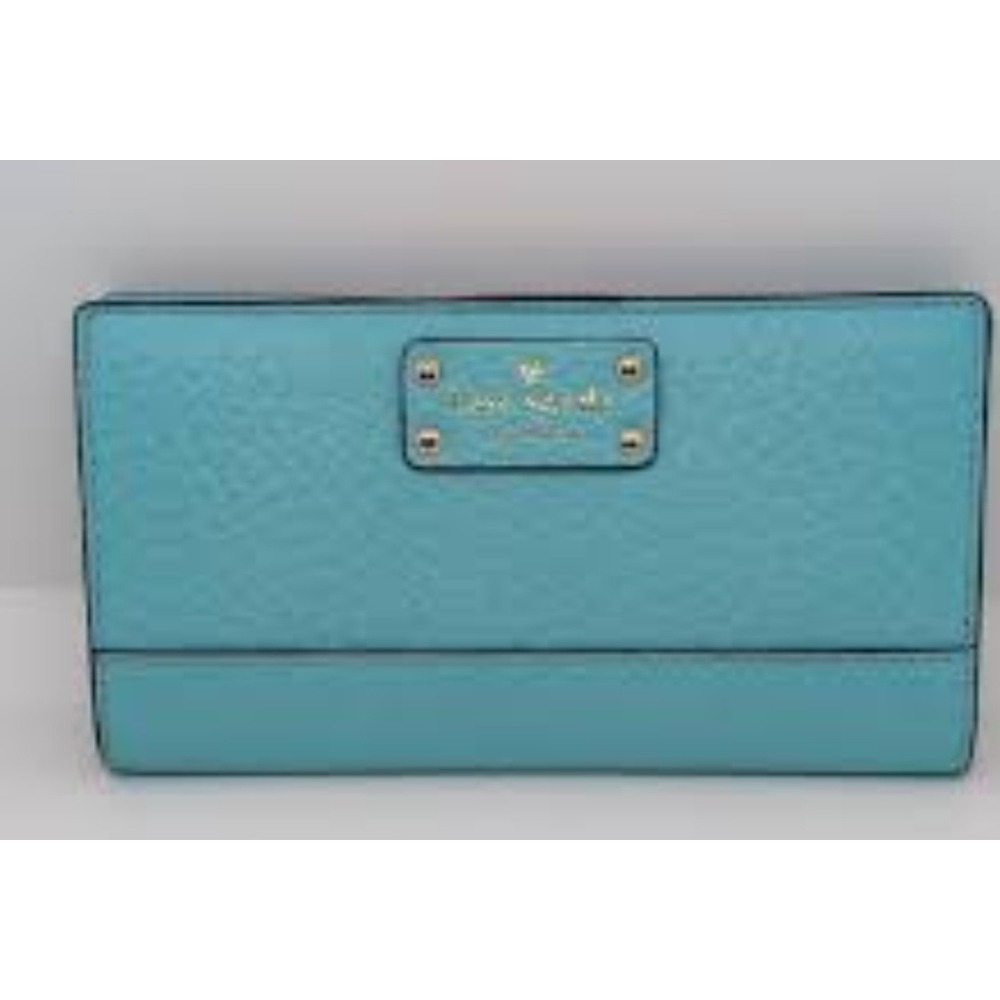 Kate Spade New York Bifold Wallet Turquoise Blue Pebbled Leather Gold Hardware